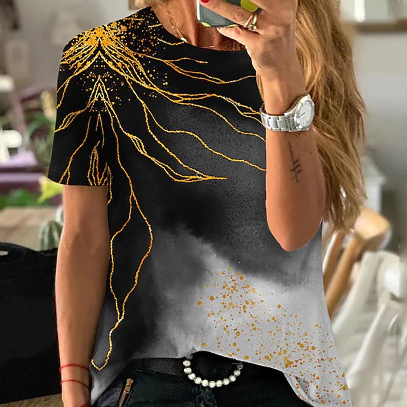 Dame Sommer T-skjorte Trendtrykk Retro Mote Kortermet Tees Casual Trykte Topper