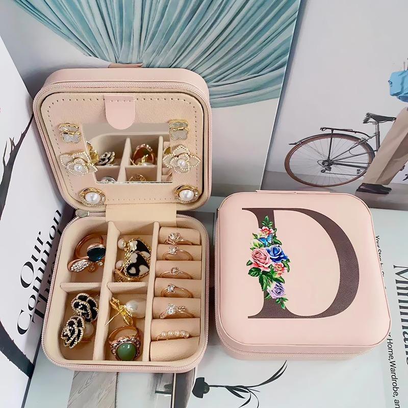 PU Leather Jewelry Box Mirror Storage Box 26 Letter Printed Portable Jewelry Organizer Earring Ring Necklace Case