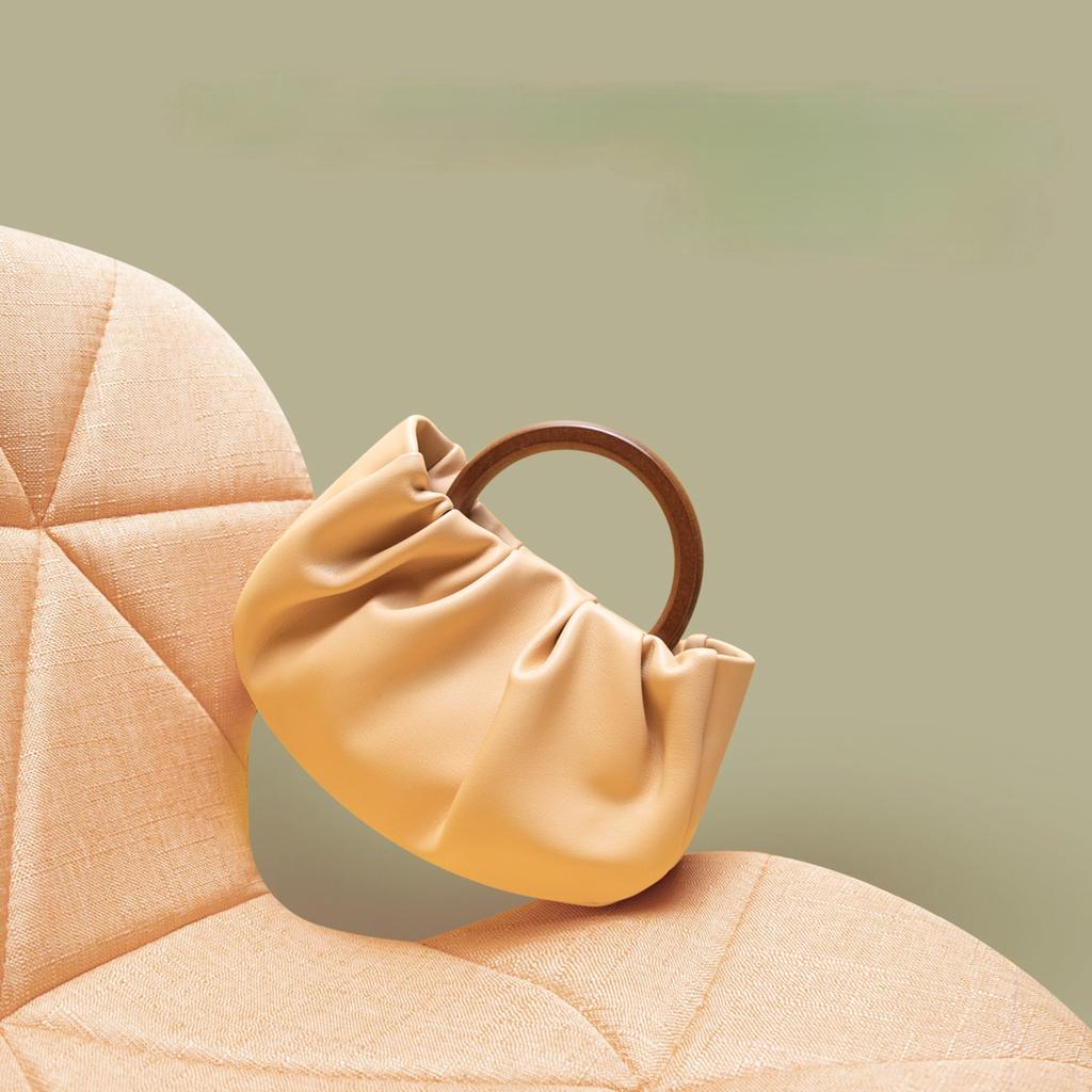 Women Bag PU Bucket Wood Handle Chains Fashion Solid Hasp SOFT Folded Shoulder Bags Handbags Purse Lady Girls Bag Sweet