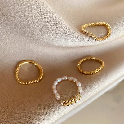 Design Freshwater Pearl Zircon Chain Plain Ring Set Versatile Ring Cold Wind