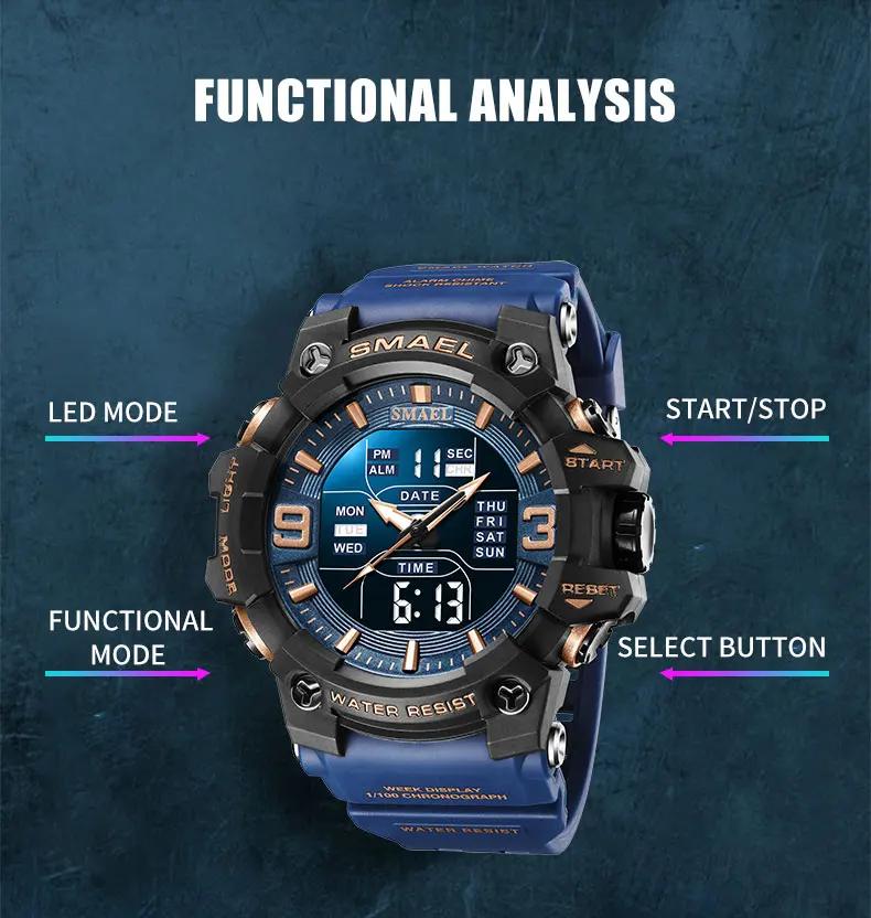 SMAEL 8049 Watch Sport LED Light Alarm Clock Dual Time Display WaterproofWeek Auto Date Wristwatches Quartz