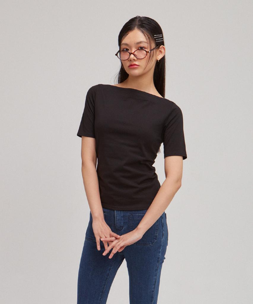 SALON DE YOHN Boat Neck Short Sleeve T_ Black