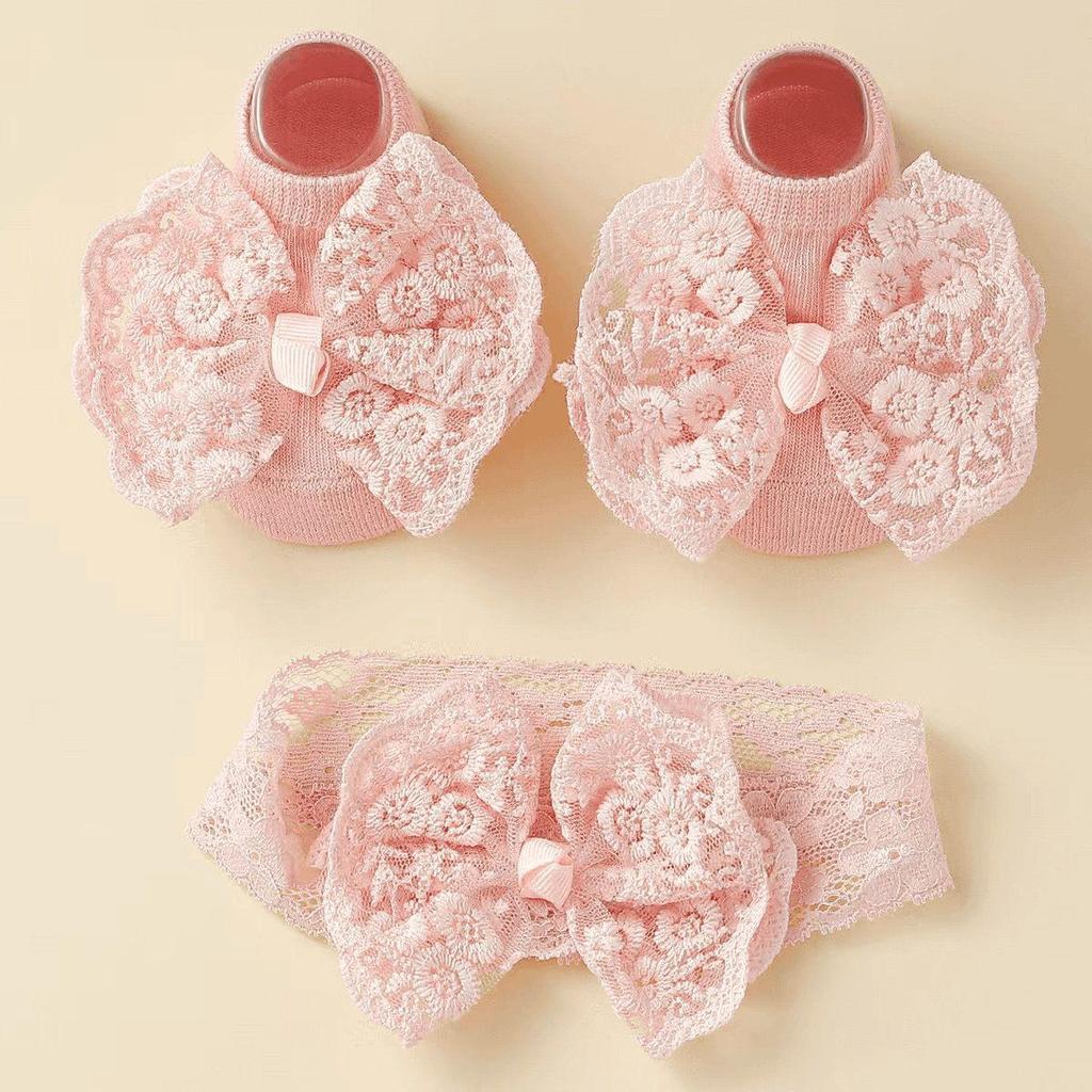 Spitzen-Schleifen-Baby-Stirnband & Rutschfeste Socken Set für Prinzessinnen
