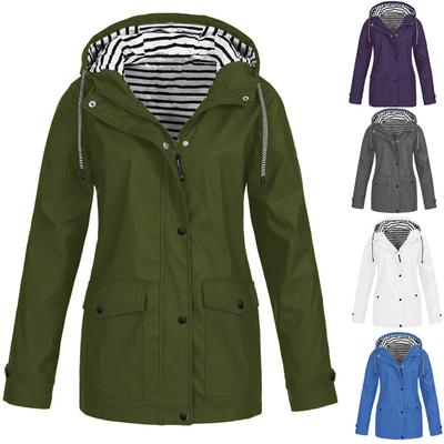 Women  Solid Rain Jacket Outdoor Plus Size Waterproof Hooded Raincoat Windproof
