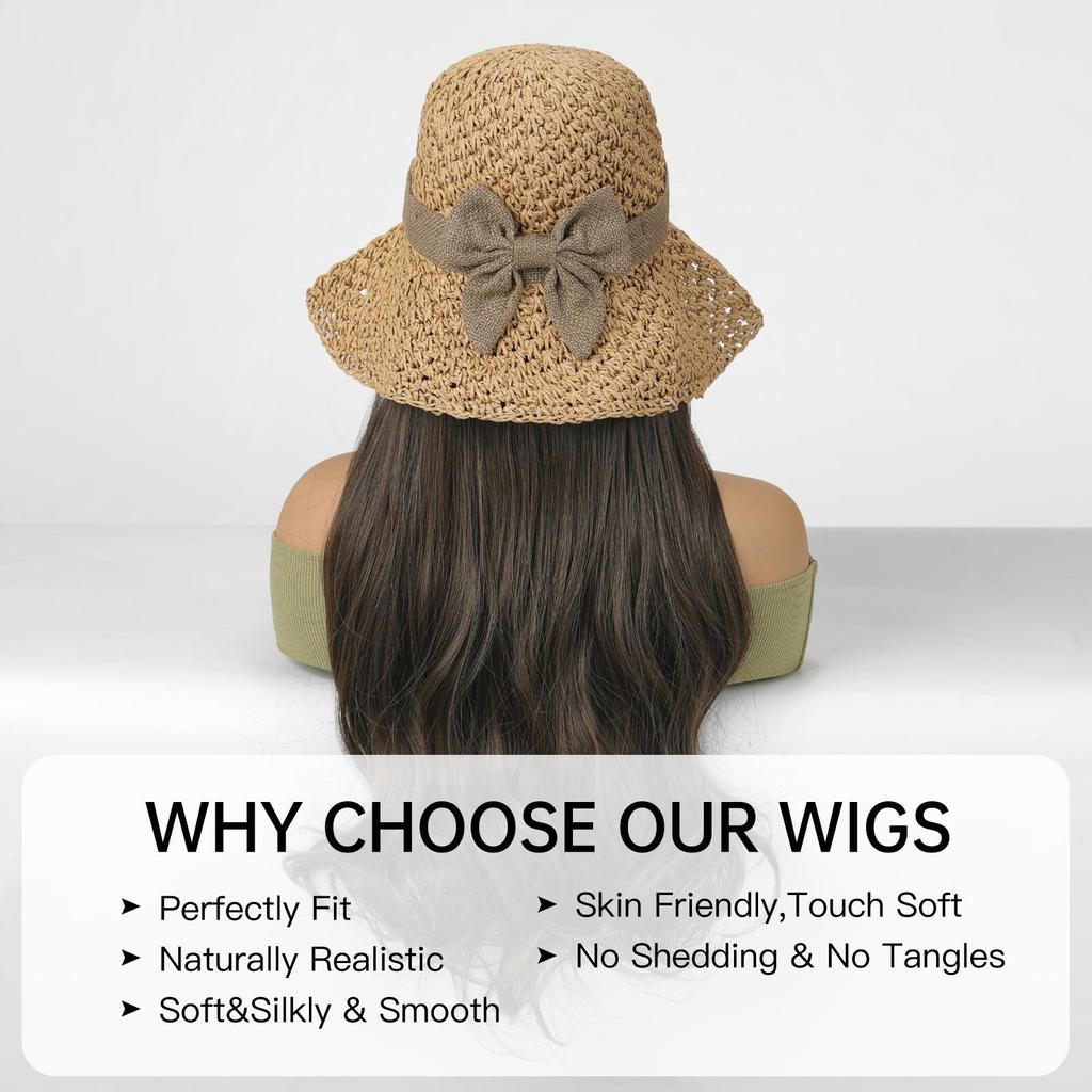 ALAN EATON Hat wigs Cap Brown Color Hair Extension Connect Summer Straw Hat for Women Heat Resistant Fiber Breathable Hat