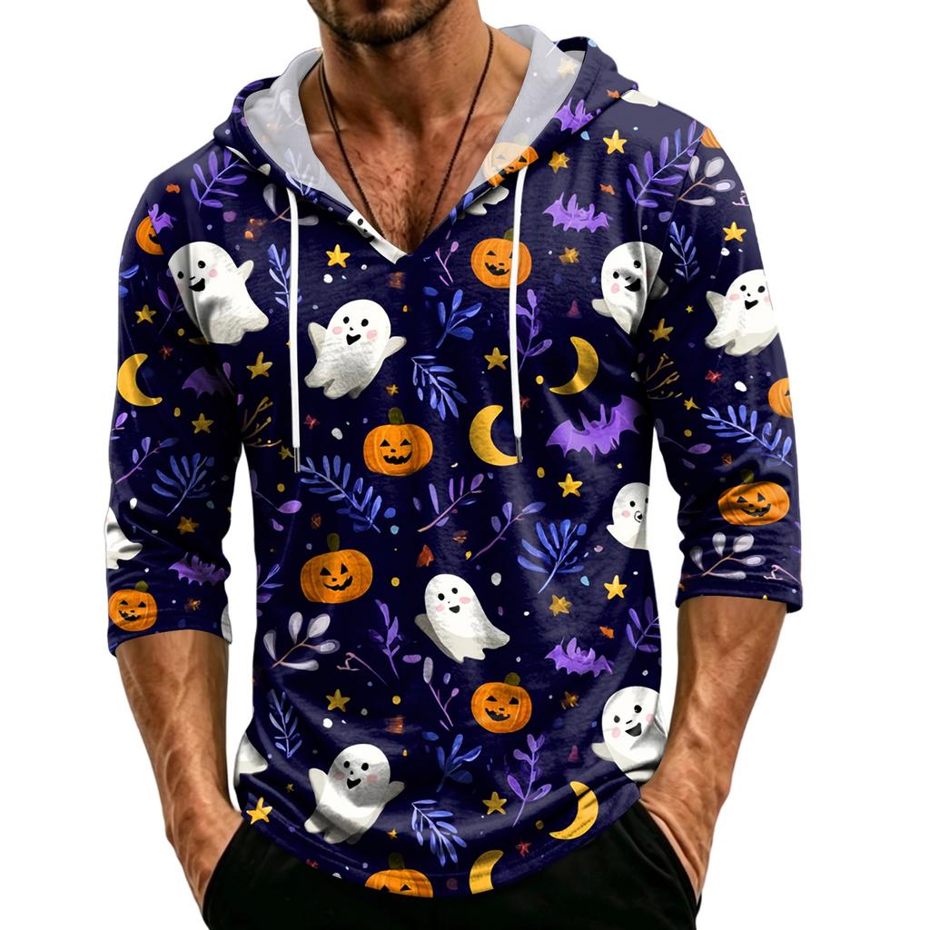 Men's Loose Fit Casual Hoodie Three Quarter Sleeve Pullover Halloween Pumpkin Pattern Lightweight Breathable Top for Everyday Wear