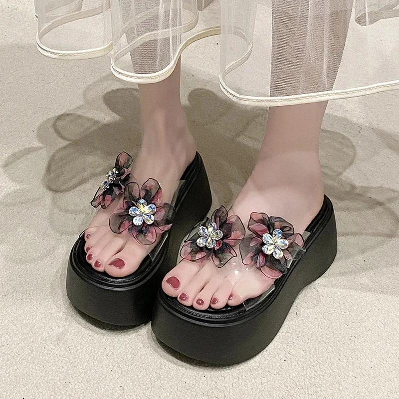 Fashion 8CM New Women Summer Wedge Sandals Transparent Crystal Chunky Platform Slippers Shoes Woman PVC Flower Thick Bottom Sandalias
