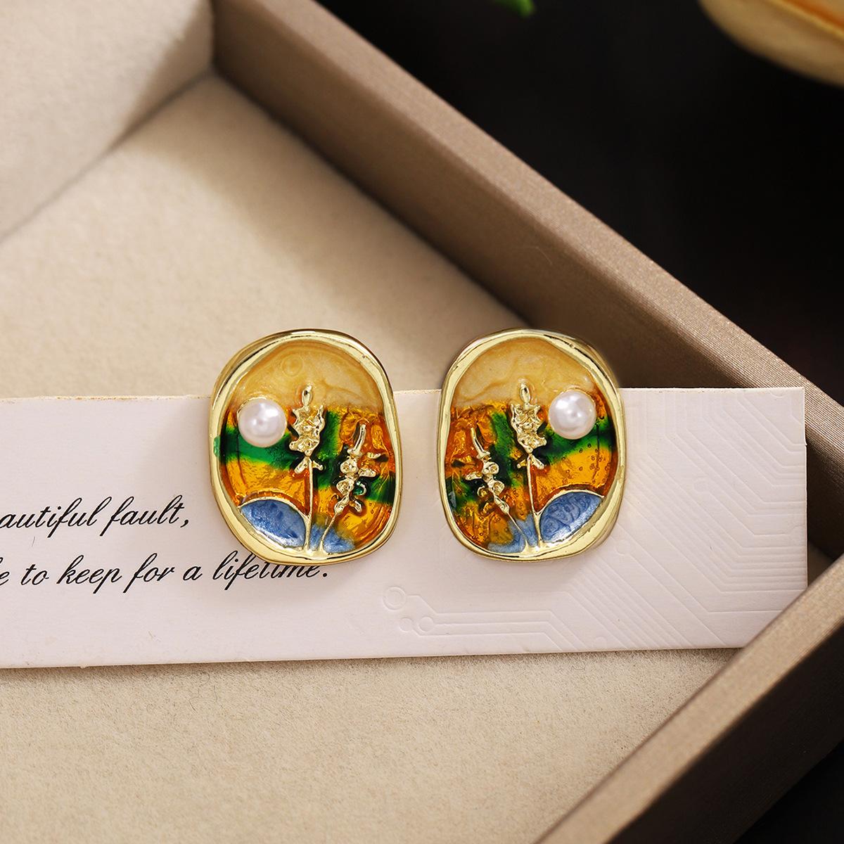 French Retro Literary Oil Painting Wheat Ears Dripping Oil Oval Sunset Earrings 2*2cm