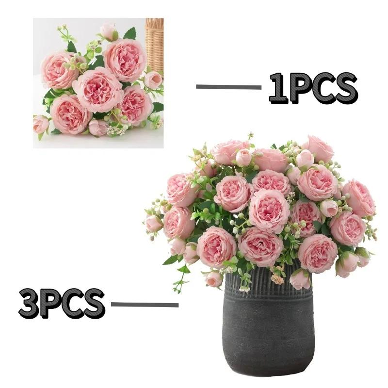 Hot Selling 30cm Rose Pink Silk Bouquet Peony Artificial Flower 5 Big Head 4 Small Bud Bride Wedding Home Party Decorations