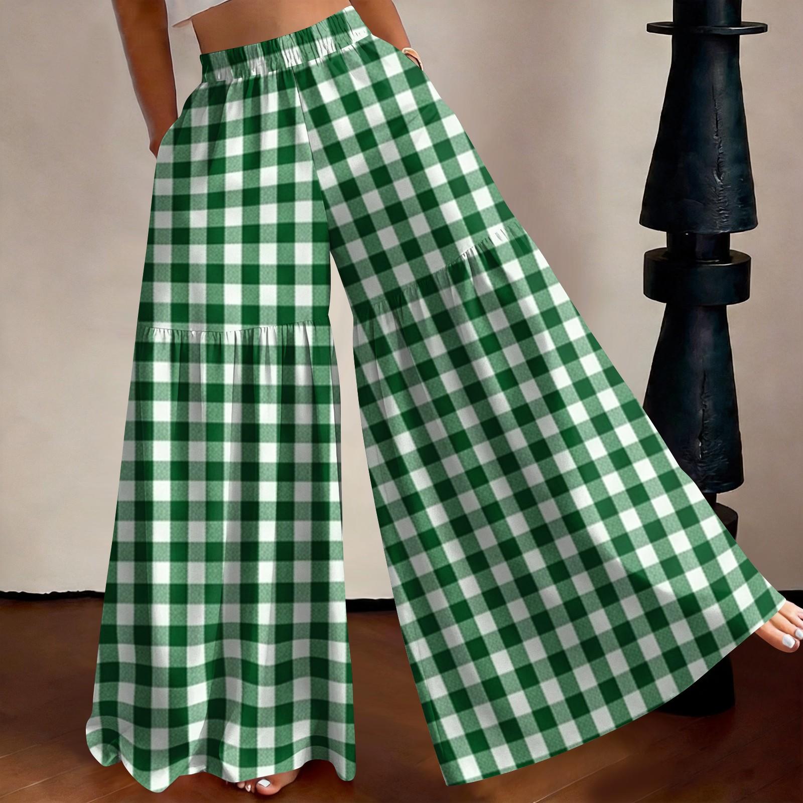 

Women s High Waist Wide Leg Pants Loose Fit Lightweight Plaid Print Casual Trousers with Elastic Waistband Comfortable Fit M