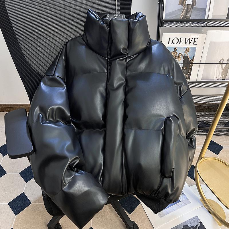 Men's Winter PU Leather Cotton Padded Jacket - Warm, Loose, Versatile Outerwear in Solid Color