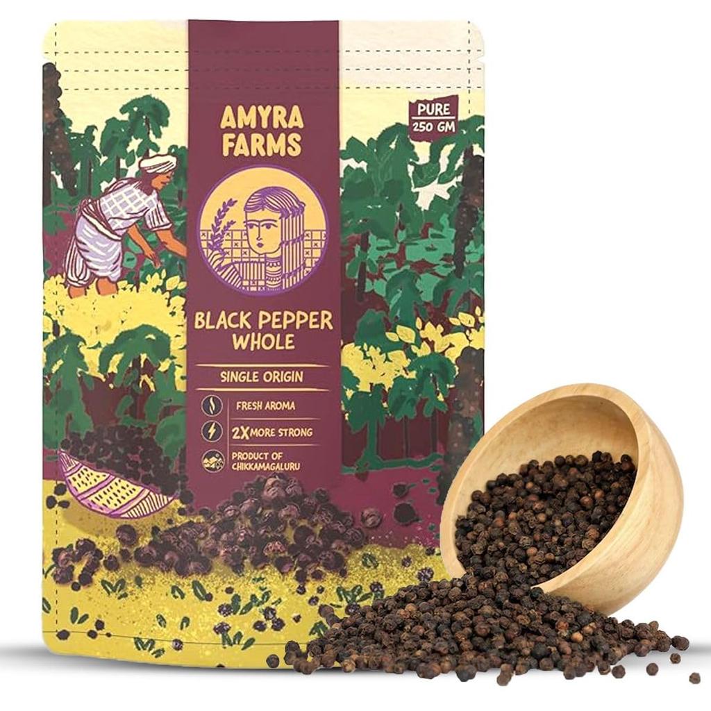 Amyra Farms Black Peppercorn (Kali Mirch) | Single Origin | 100% Naturally Grown | Zero Preservatives or Artificial Colours | 250 G