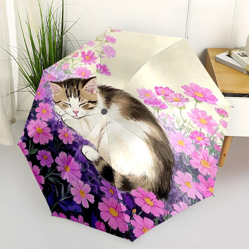 1pc Floral Cat Garden Scene Umbrella with Plastic Handle,Vibrant Cartoon Pattern,Multi-functional UmbrellaPT173