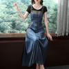 Ethnic Embroidered Denim Strappy Maxi Dress - Slimming Ankle-Length Style