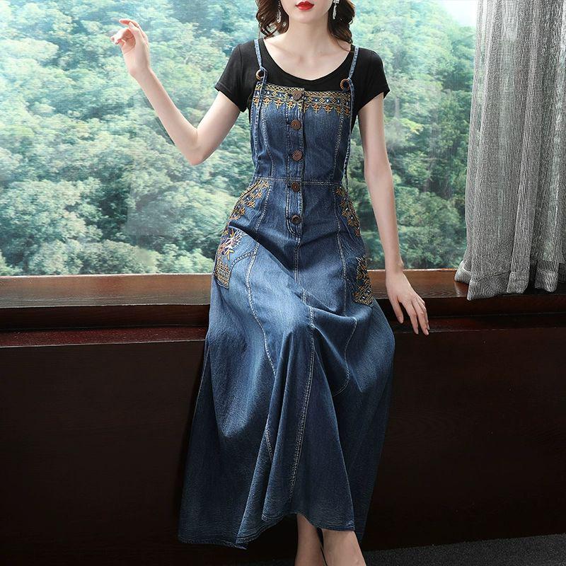 Ethnic Embroidered Denim Strappy Maxi Dress - Slimming Ankle-Length Style