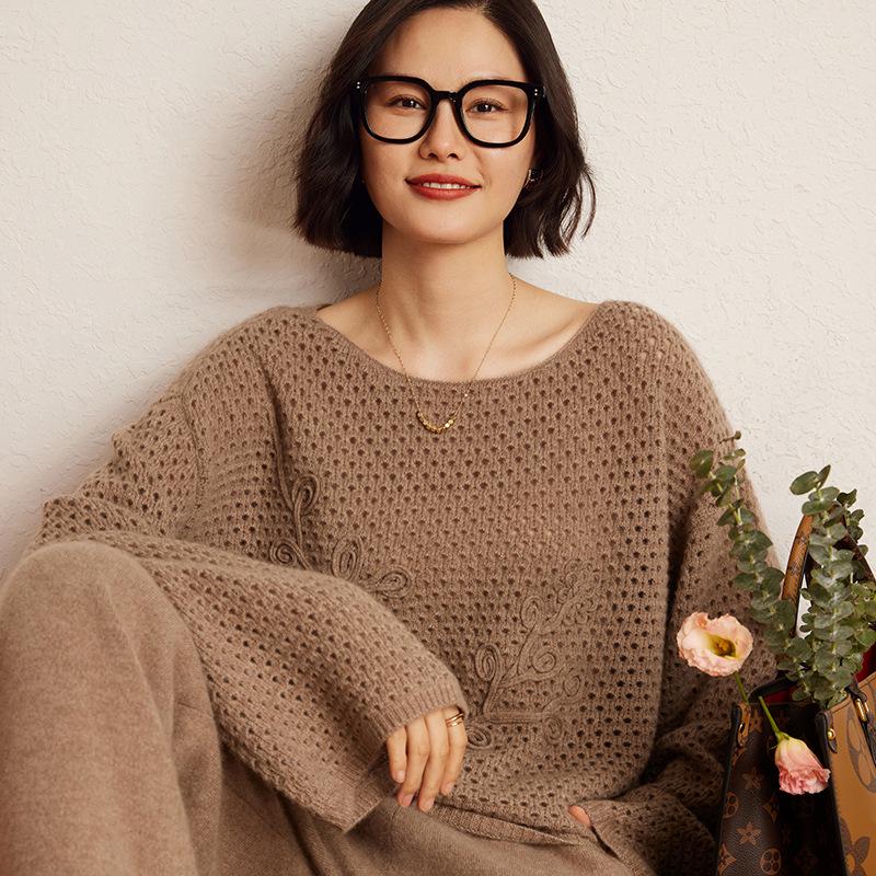 

Уютный кашемировый свитер крупной вязки - Круглый вырез, Однотонный, Французский ажурный дизайн, Идеально для осени/зимы One Size