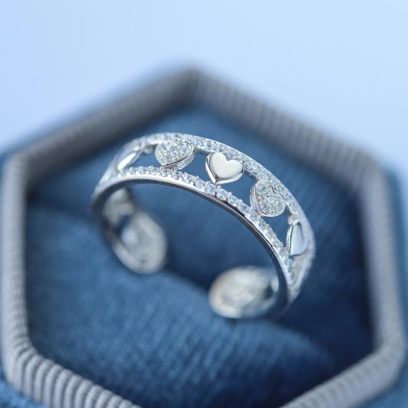 

S925 Sterling Silver Crystal Zircon Heart Ring for Women - Open, Trendy Fashion Statement Adjustable Open