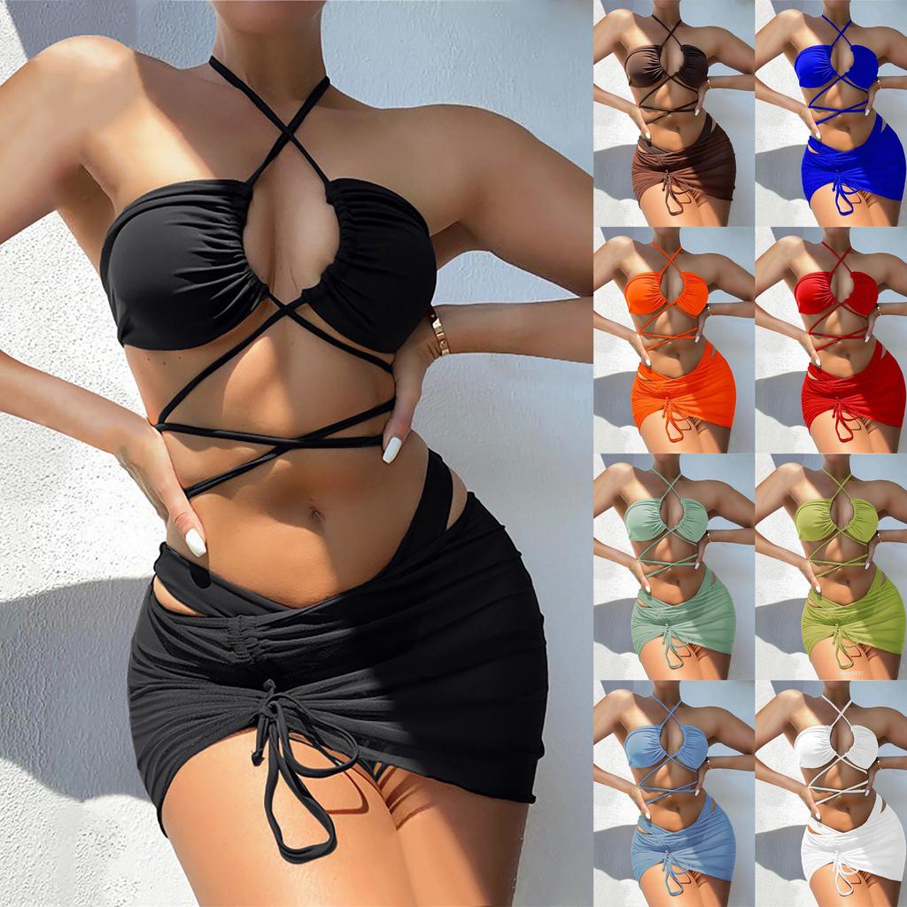 Women's Summer Fashion Sexy Color Backless Lace-up Waist Pleated Knotted Bikini Three-pieces Swimsuit