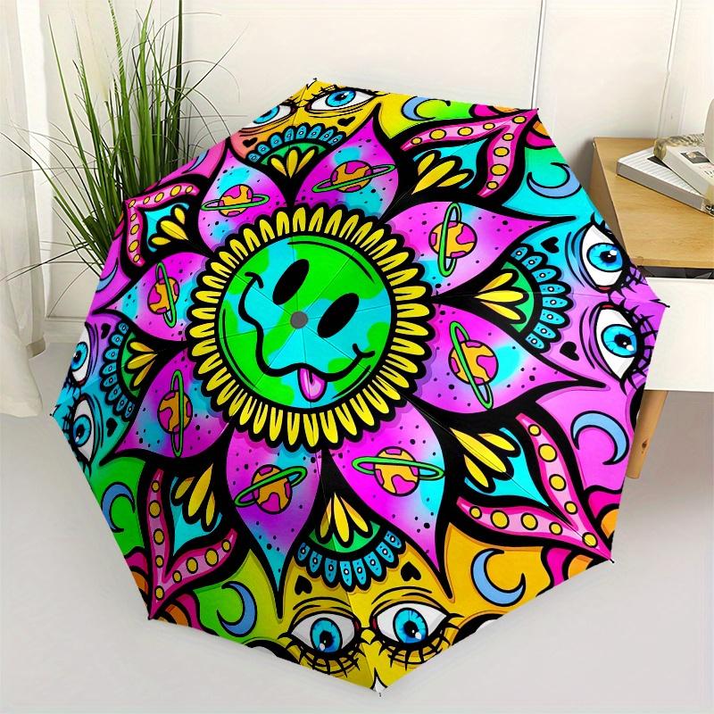 Psychedelic Mandala Automatic folding umbrella simple eight rib design, bright color pattern, durable iron frame, ideal for travel and outd