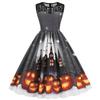 Fashion Halloween round Neck Lace Patchwork Pumpkin Cartoon Print Silm Sleeveless Swing Dress Female Dress