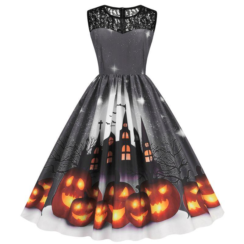 Fashion Halloween round Neck Lace Patchwork Pumpkin Cartoon Print Silm Sleeveless Swing Dress Female Dress