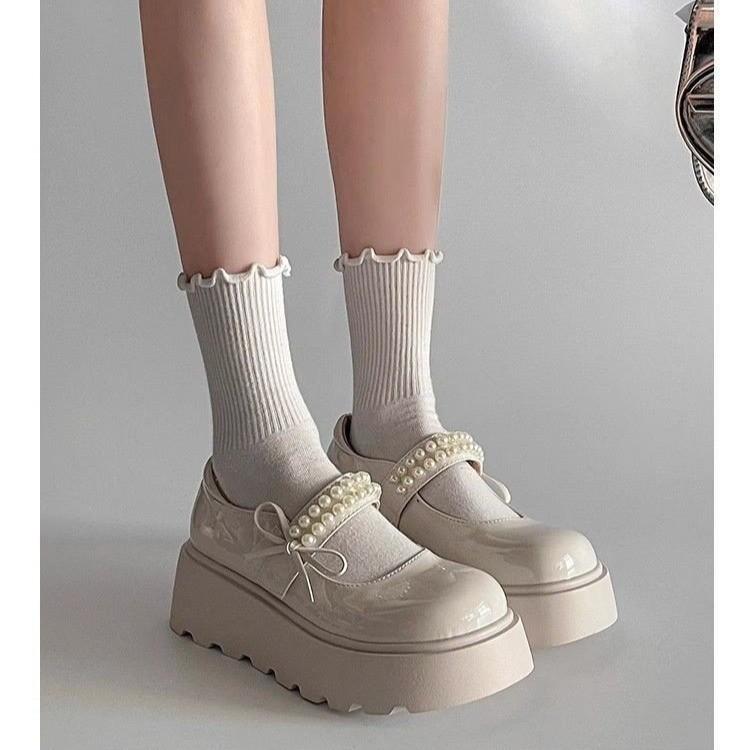 Retro Pearl Bow Mary Jane Shoes 2025 Autumn New Platform Single Shoes Japanese Jk One-pedal Small Leather Shoes