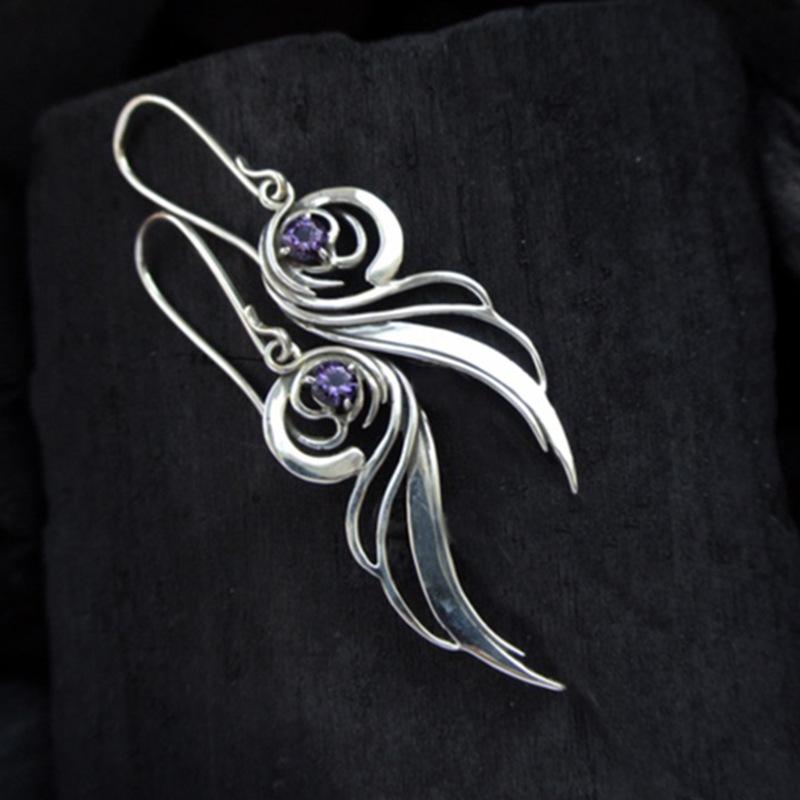 Vintage Silberfarben Metall Schnitzmuster Rund mit Lila Steinen Inlay Hängeohrringe Schmuck