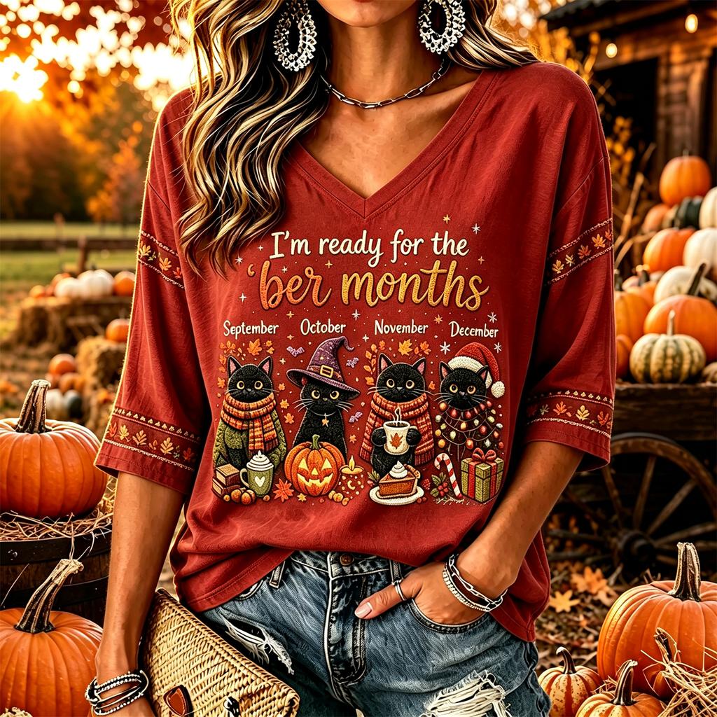 Women's Casual Thanksgiving Print V-Neck Long Sleeve Pullover Top for Fall and Winter