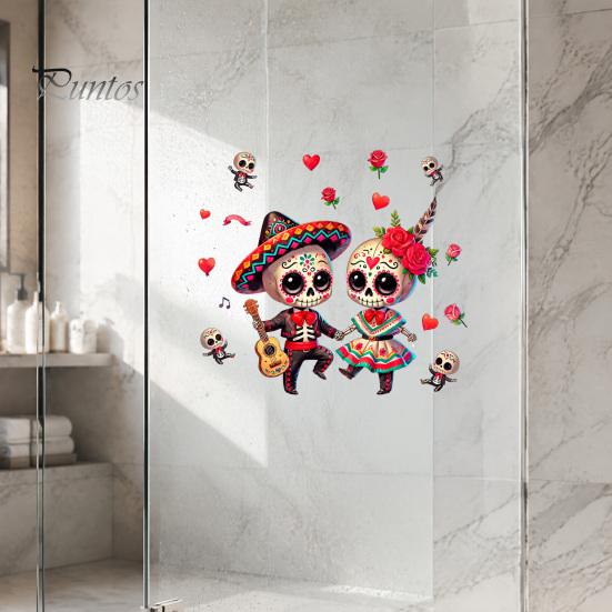 Waterproof Skeleton Art for Windows Halloween Cartoon Couple Window Stickers, PVC Day of The Dead Static Decals, Traditional Decorative Clings Mexican