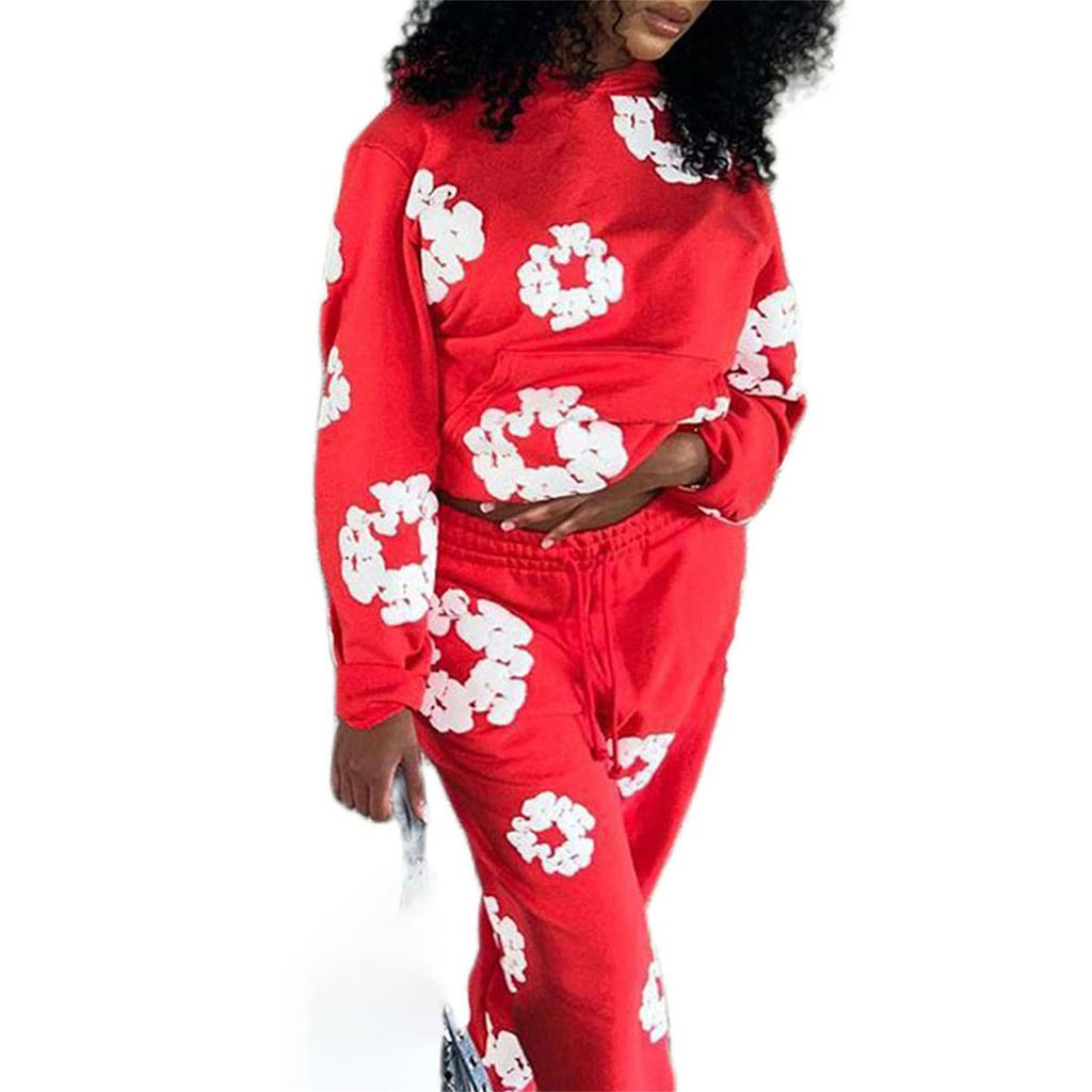 Women Men 2 Piece Tracksuits Floral Print Hoodie Sweatshirt and Elastic Pants for Activewear Workout Outfits Set