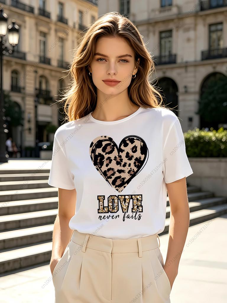 1pcs Fashion Leopard Heart Unisex Tshirts For Girls Funny Hearts Printing Short T Shirts For Unisex Tshirts Lady Tops Tees