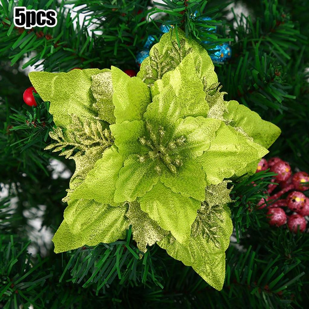 5 Pack Christmas Poinsettia Glitter Flower Ornaments in Colors