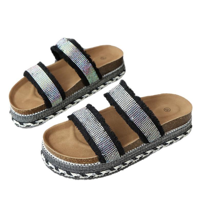 Women’s Double Strap Cork Platform Sandals with Rhinestone Buckles, Thick Sole, Summer Casual Wear