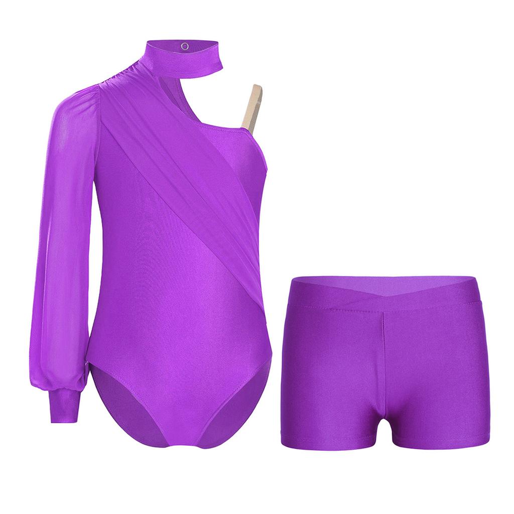 Traje de Danza para Niñas Maillot de Malla Fruncida de Manga Larga con un Hombro y Shorts con Escote en V para Patinaje Artístico Gimnasia