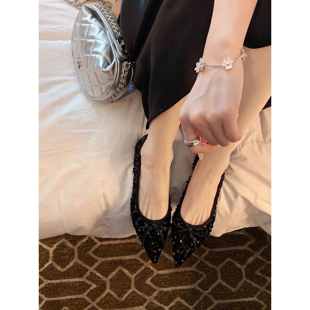Sheepskin Version~ Sparkling Sequins Exquisite Small Pointed Head Shallow Mouth Soft Sole Dating Bow Single Shoes Women