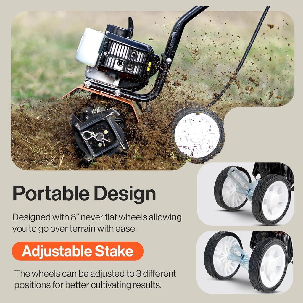 52cc 2 Stroke Gas Mini Tiller Cultivator - 1.8HP, 4 Adjustable Steel Tines,