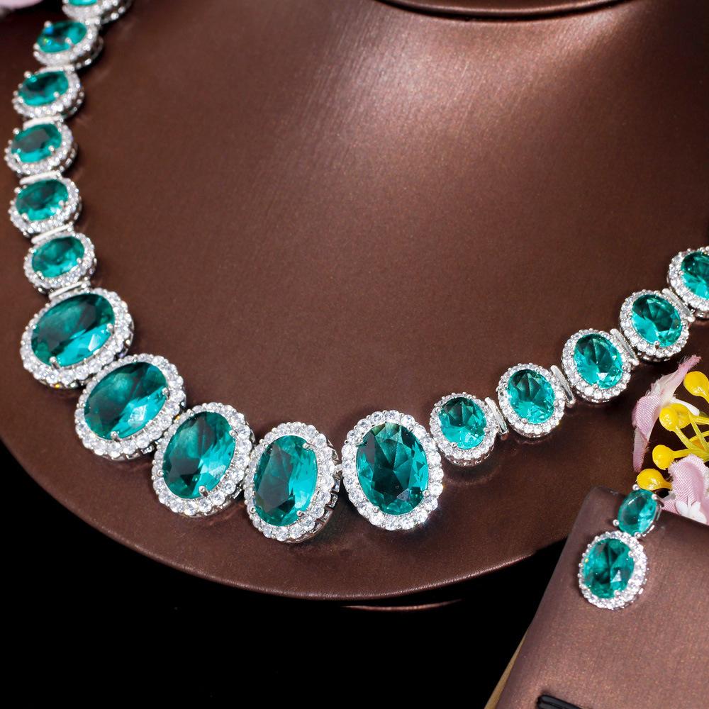 Beliebtes Aquamarin Brautbankett Halskette Ohrringe Zweiteiliges Set Mikro-gesetzte Zirkonia Schmuck Ohrringe Set Kette