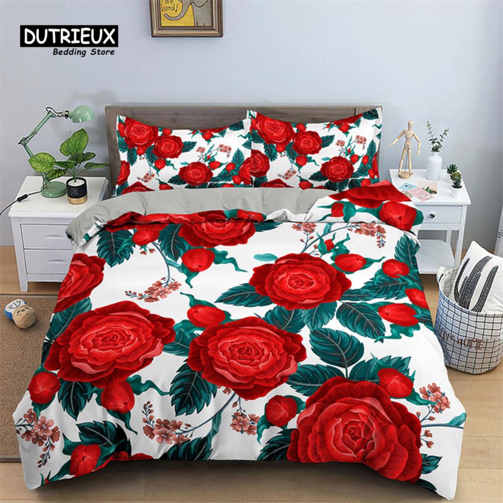 Romantic Flower Duvet Cover Rose Floral Bedding Set Microfiber Comforter Cover King For Girl Women Wedding Valentine's Day Decor