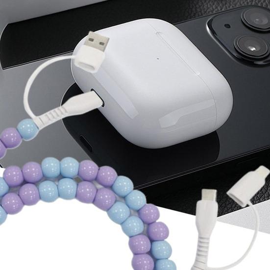 2-in-1 USB Cable Bead Design High-speed Data Transfer Cable with Type-C Connector Tangle-Free Charging Cord for Car And Travel