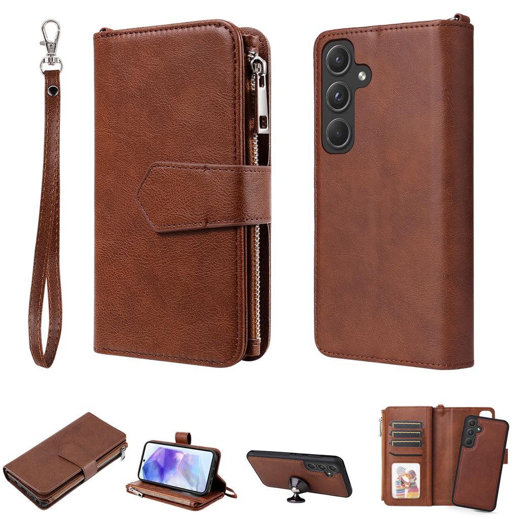 For Samsung Galaxy A55 5G Magnetic Leather Case Mobile Cover with Detachable Zipper Wallet Strap