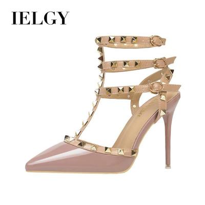 Fashion Sandals Women Fashion 10cm Fine Heel Patent Leather Studs Hollow Roman High Heels