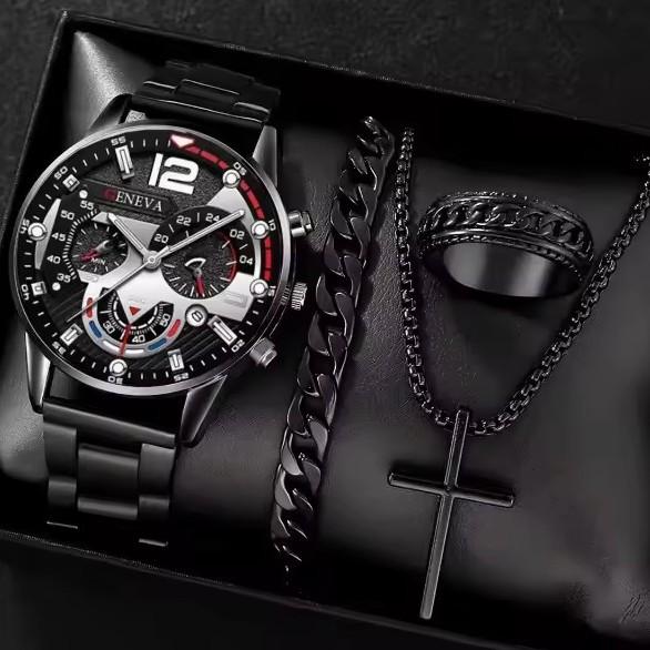 

Men S Watch Roman Scale Quartz Watch Cross Necklace Bracelet Ring Business Gift Set Bulk price