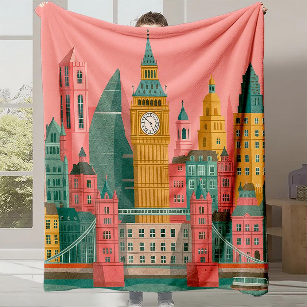 1pc London City Skyline Plush Fleece Blanket - Thick All-Season British Icon Print with Big Ben & Tower Bridge, Soft Bedspread