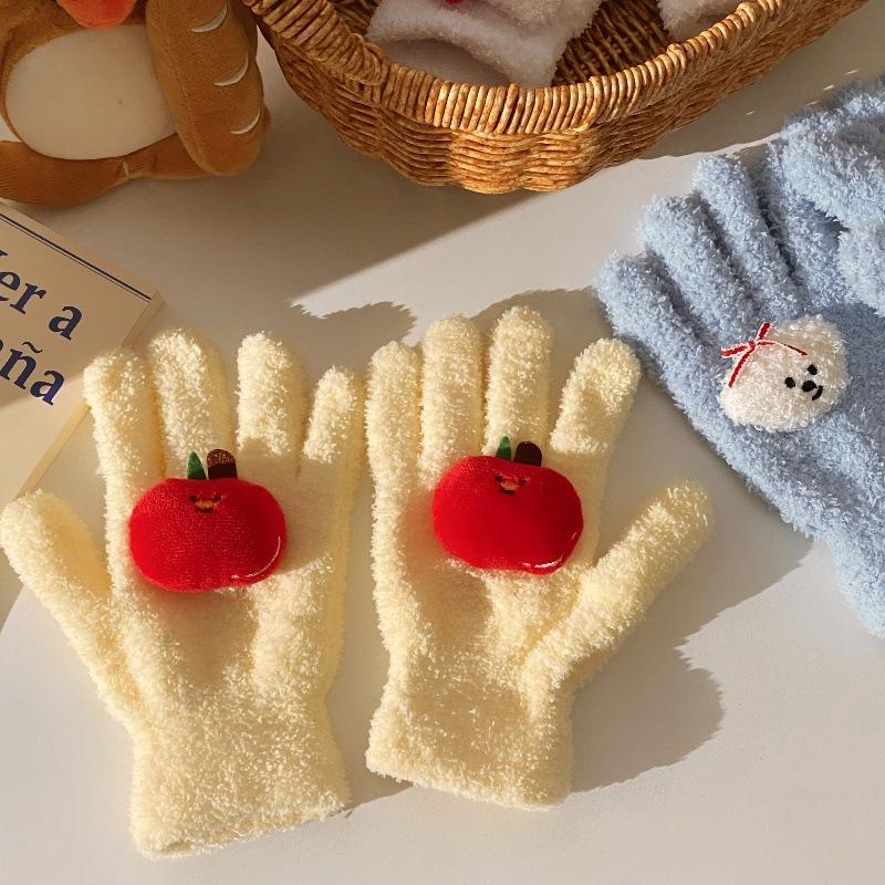 Cute Curly Dog Red Apple Gloves Plush Coral Fleece Cold-Proof Gloves Student Winter Warm Five-Finger Gloves Girl Christmas Gifts
