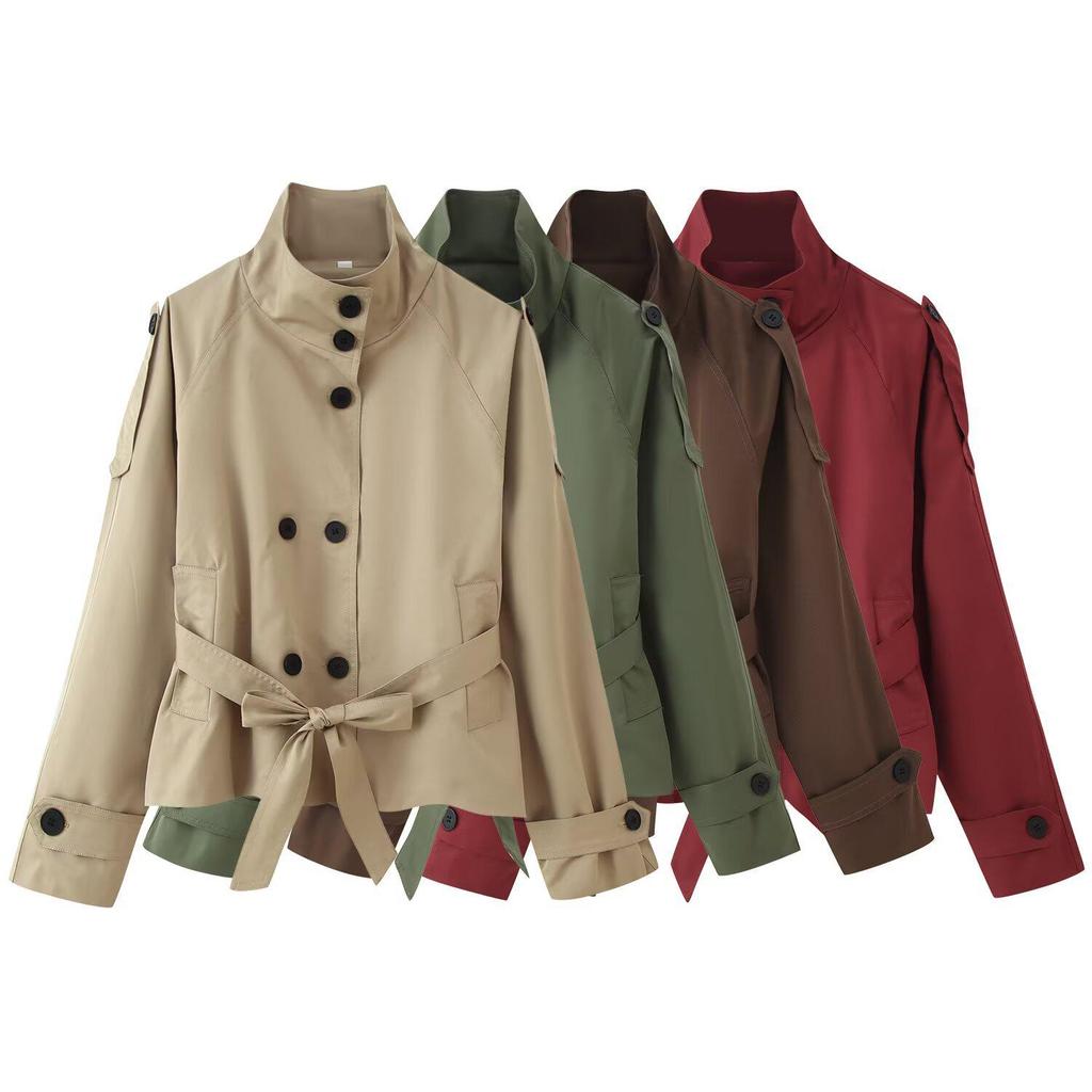 European and American Women's Double-Breasted Tie-Waist Casual Trench Coat Short Jacket