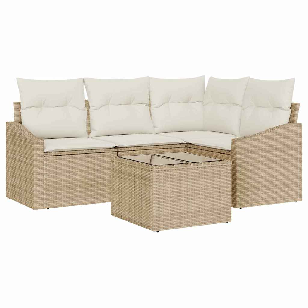 5 Piece Sofa Set with Cushions Beige Poly Rattan