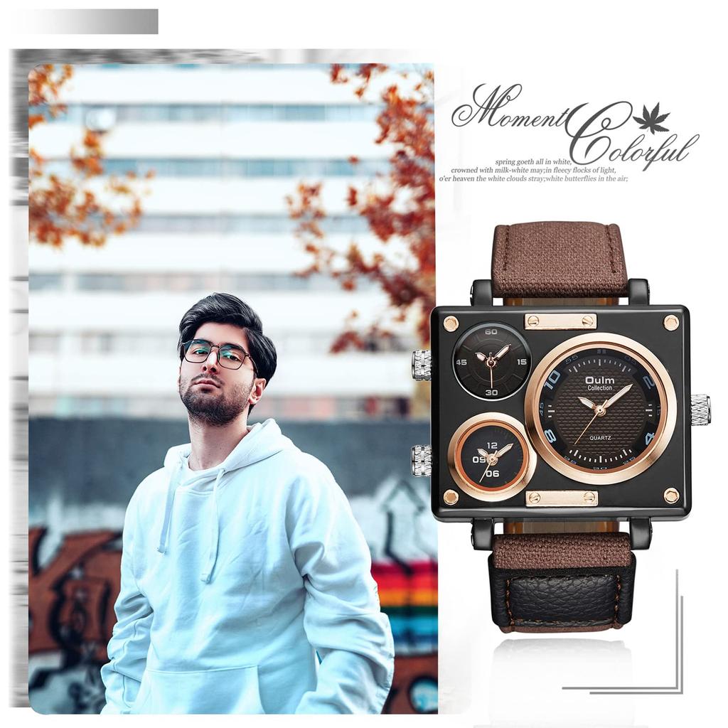 Men's Square Watch with Three Time Zones, Stylish Sports Watch with Leather Strap, Waterproof, Casual, Business, Brown, Perfect Gift for Him or Her,