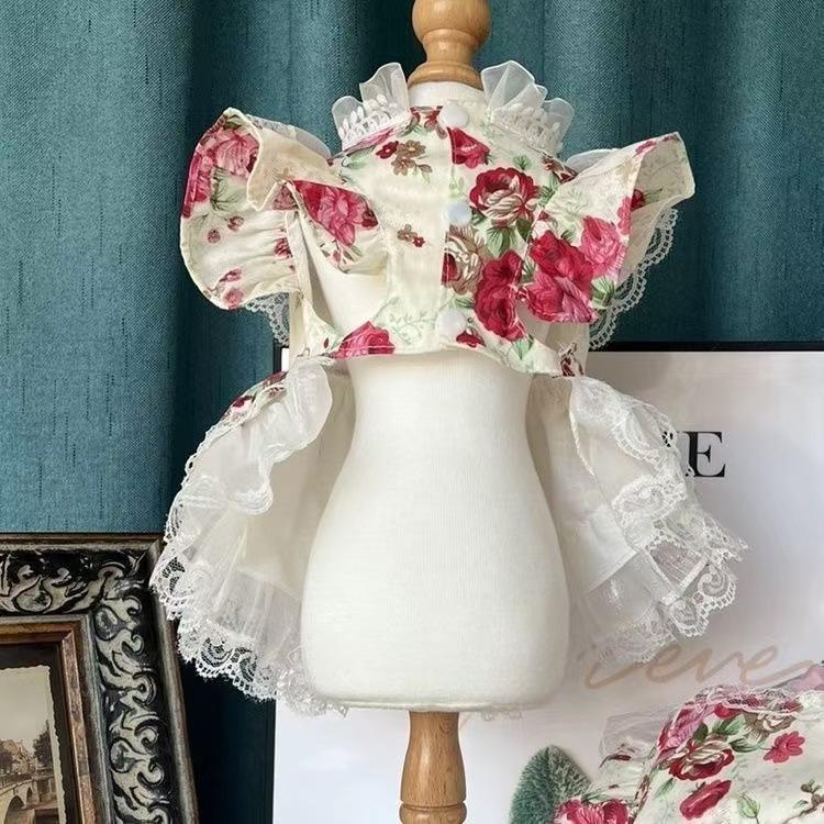 Pet Spring Rose Mesh Dress Cat Rose Lace Princess Dress Small Medium-sized Dog Teddy Vest Puppy Clothes for Small Dogs