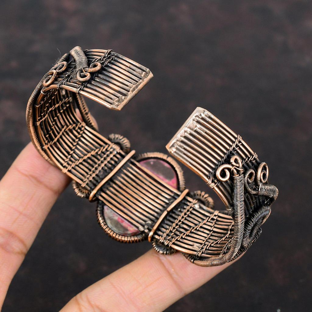 Thulite Cuff Bracelet Copper Wire Wrapped Gemstone Bangle Adjustable Cuff Bracelet Thulite Copper Jewelry Handmade Elegant Cuff Gift For Her