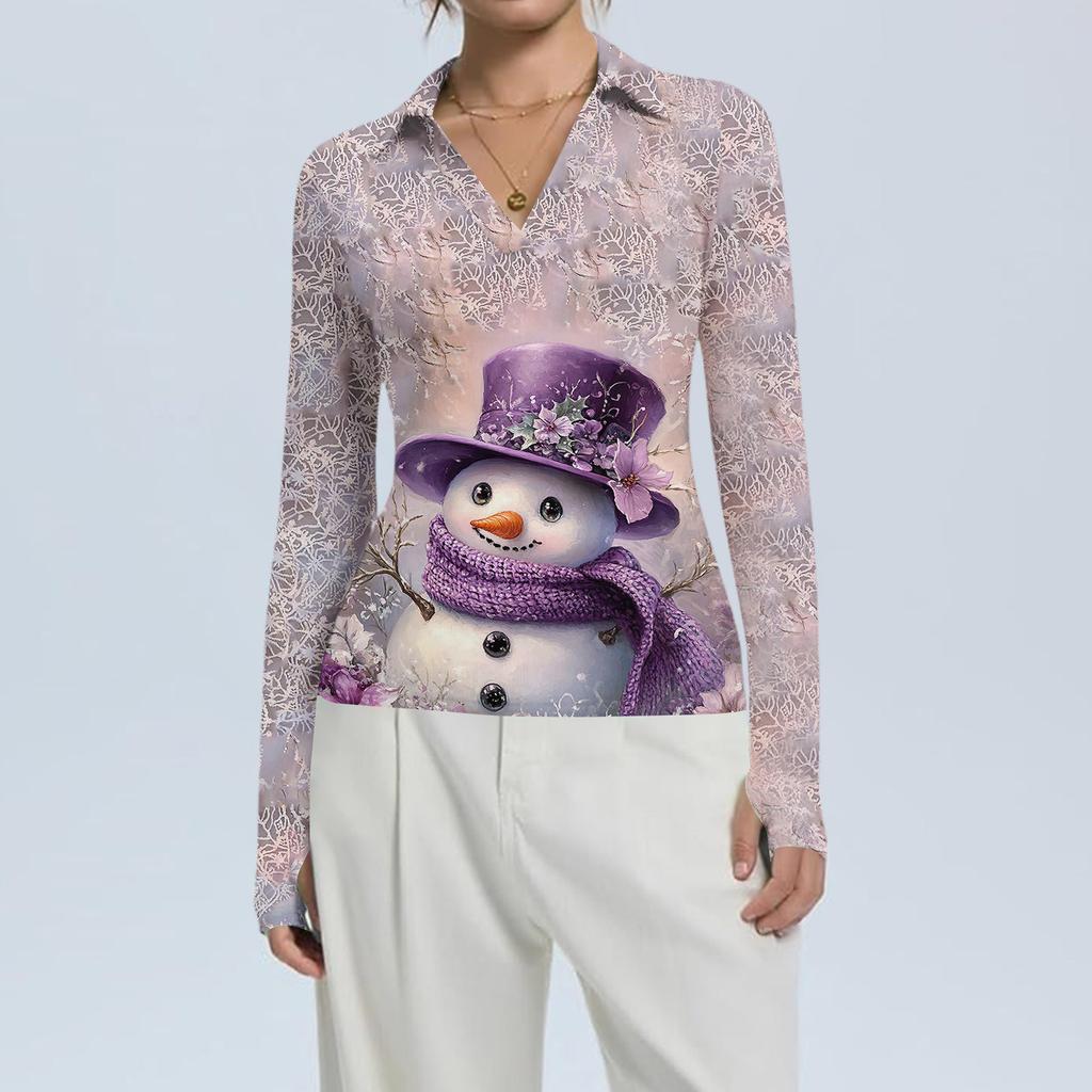 Damenmode Lässig Weihnachts-Print V-Ausschnitt Langarm Knopfleiste Oberteil